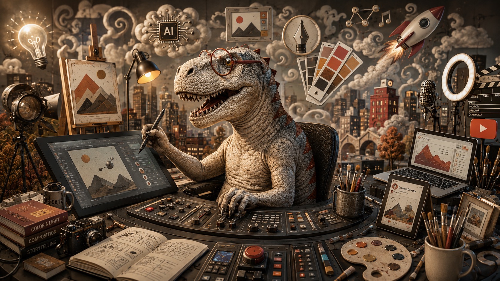 Ilustração de um dinossauro de óculos como diretor criativo, à mesa de trabalho cercado de ferramentas de criação e ícones de inteligência artificial